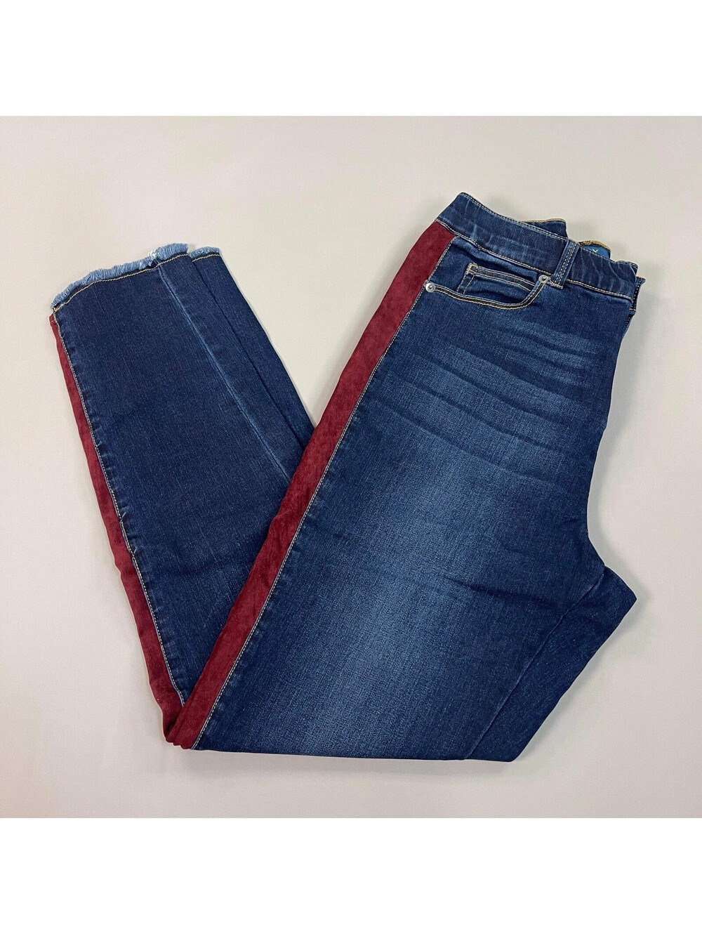 CLINTON KELLY Frayed Hem Jeans Women's Regular Dark Wash, Maroon Striped Size 0